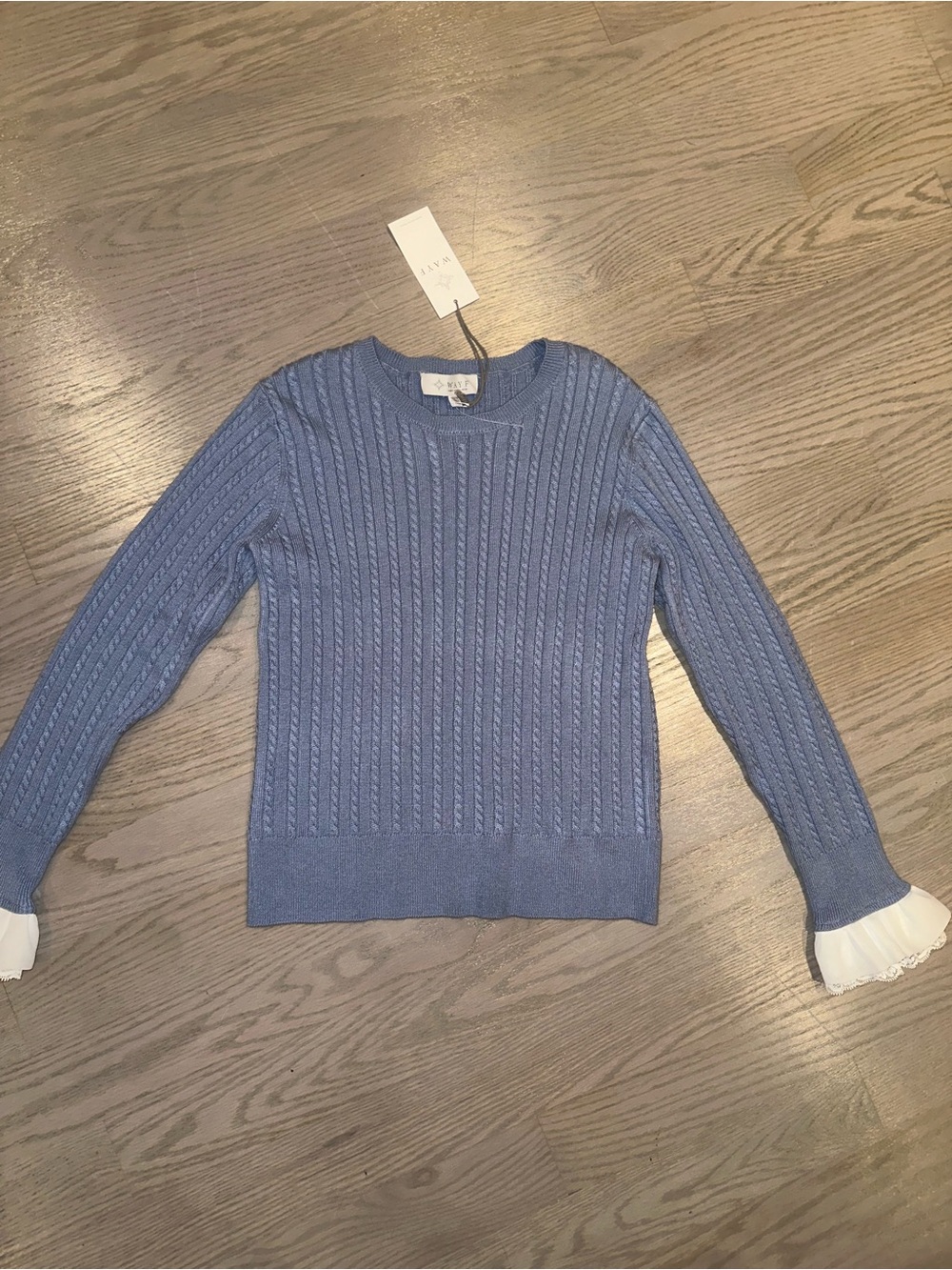 Wayf Light Blue Cable Knit Sweater with White Trim